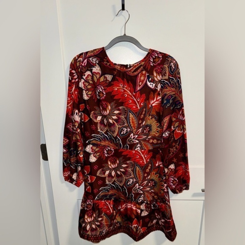 LOFT Red and Brown Floral Long Sleeve Dress